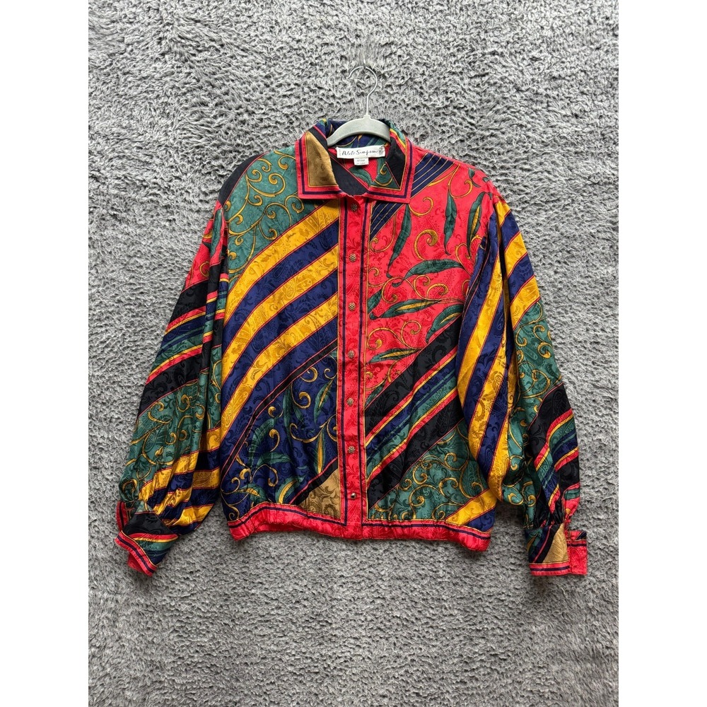 Vintage 1980s Adele Simpson Printed Silk Bomber Jacket Multicolor Womens Size 10